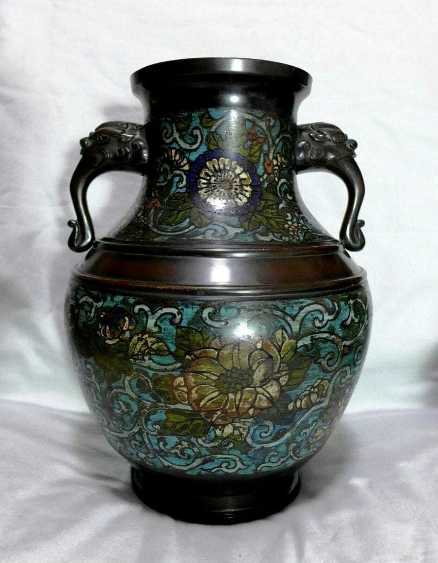 !8th Century Large Bronze Cloisonne Twin-Handle Urn, 嶋佐 Shimasa