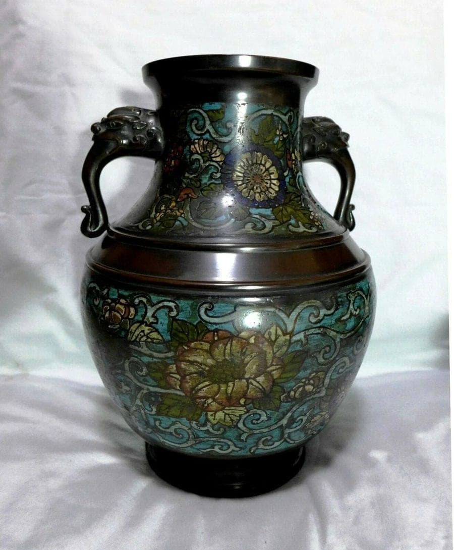 !8th Century Large Bronze Cloisonne Twin-Handle Urn, 嶋佐 Shimasa photo 3