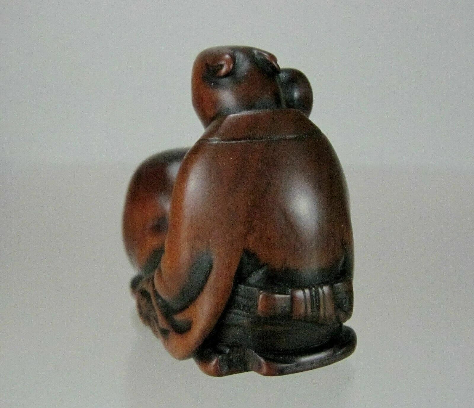 KOMEI, ISHIKAWA, 19th C Japanese Boxwood Netsuke: TANUKI NO HARA TSUZUMI photo 3