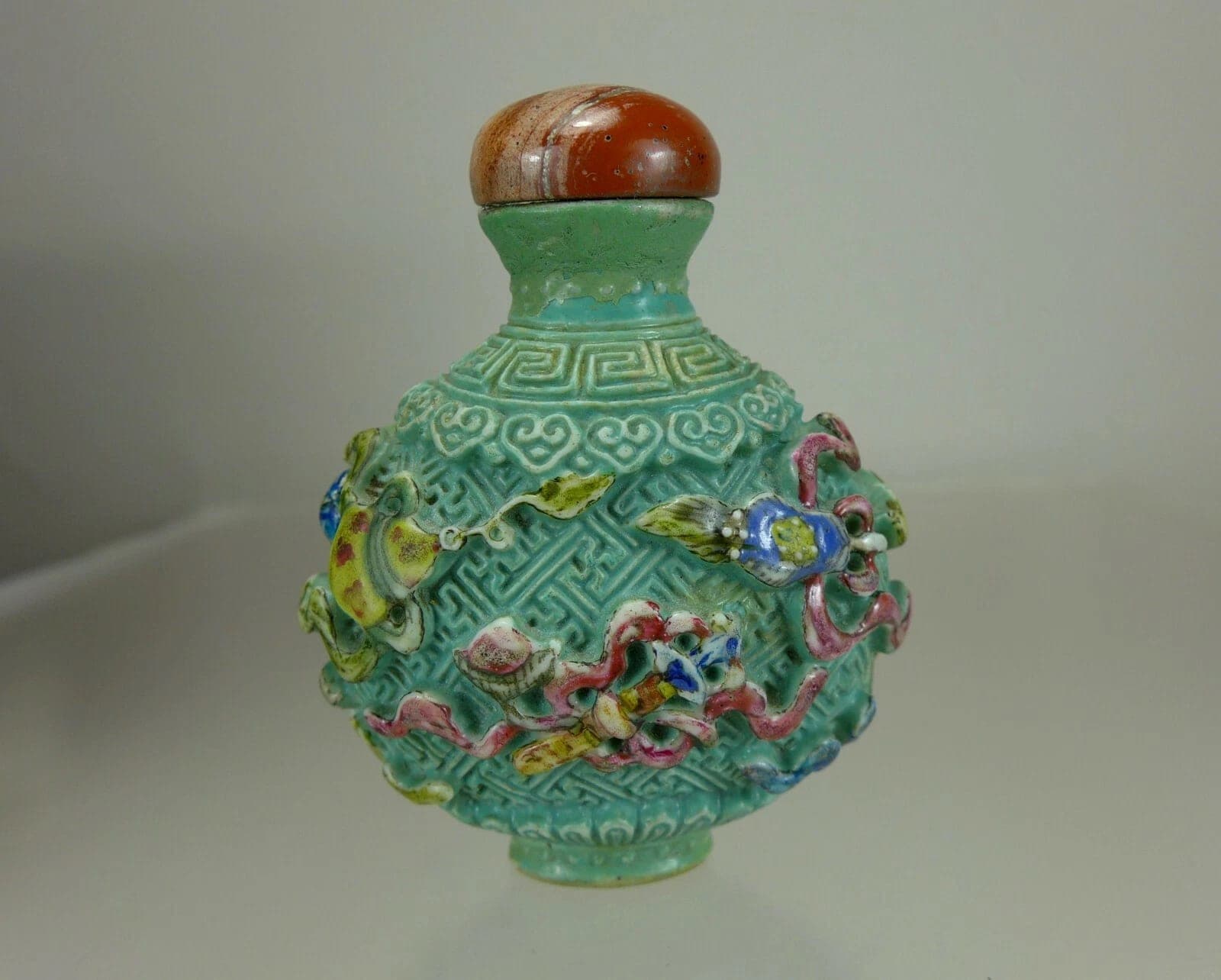 FAMILLE ROSE, Molded Enameled Bronze Snuff Bottle, Jiaqing Mark, 1796-1820 photo 2