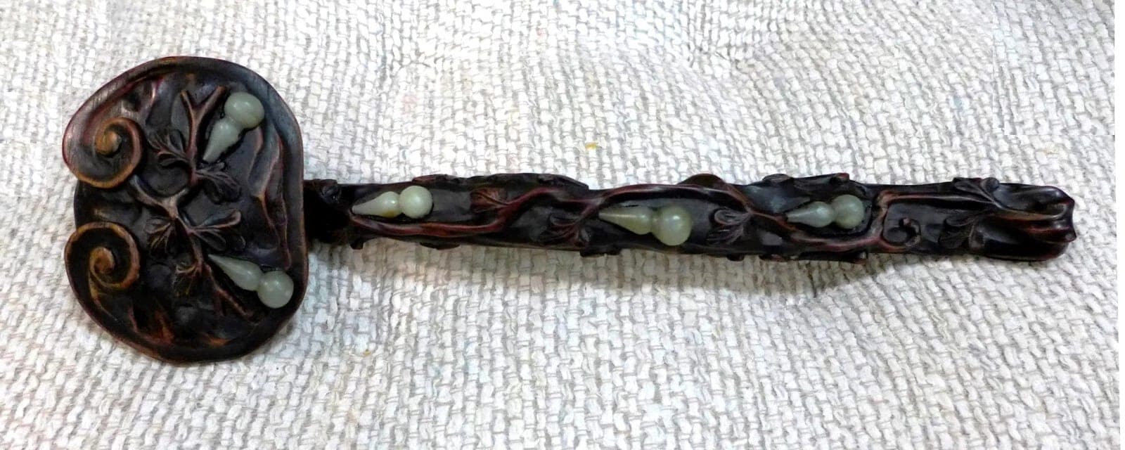 Antique Zitan Wood Ruyi Scepter with Celadon Jade Gourds