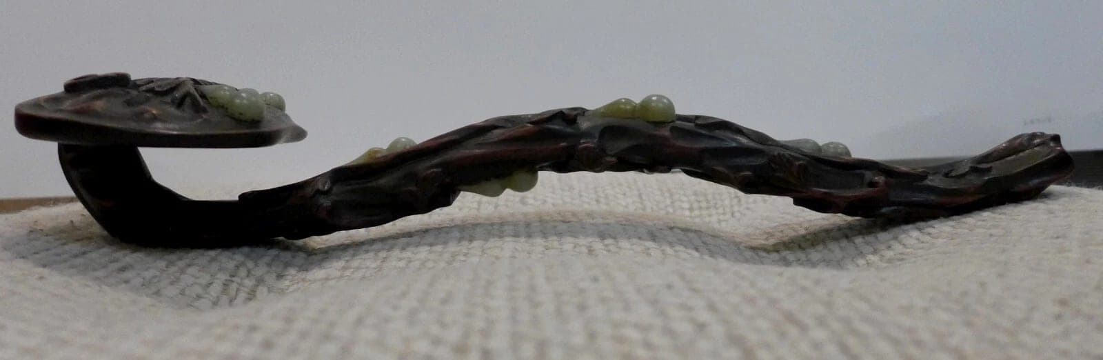 Antique Zitan Wood Ruyi Scepter with Celadon Jade Gourds photo 2