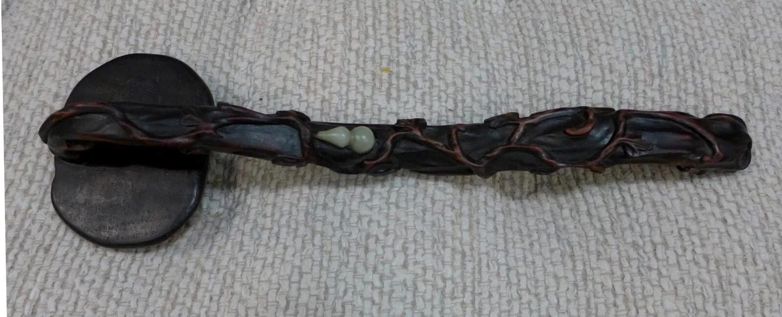 Antique Zitan Wood Ruyi Scepter with Celadon Jade Gourds photo 4