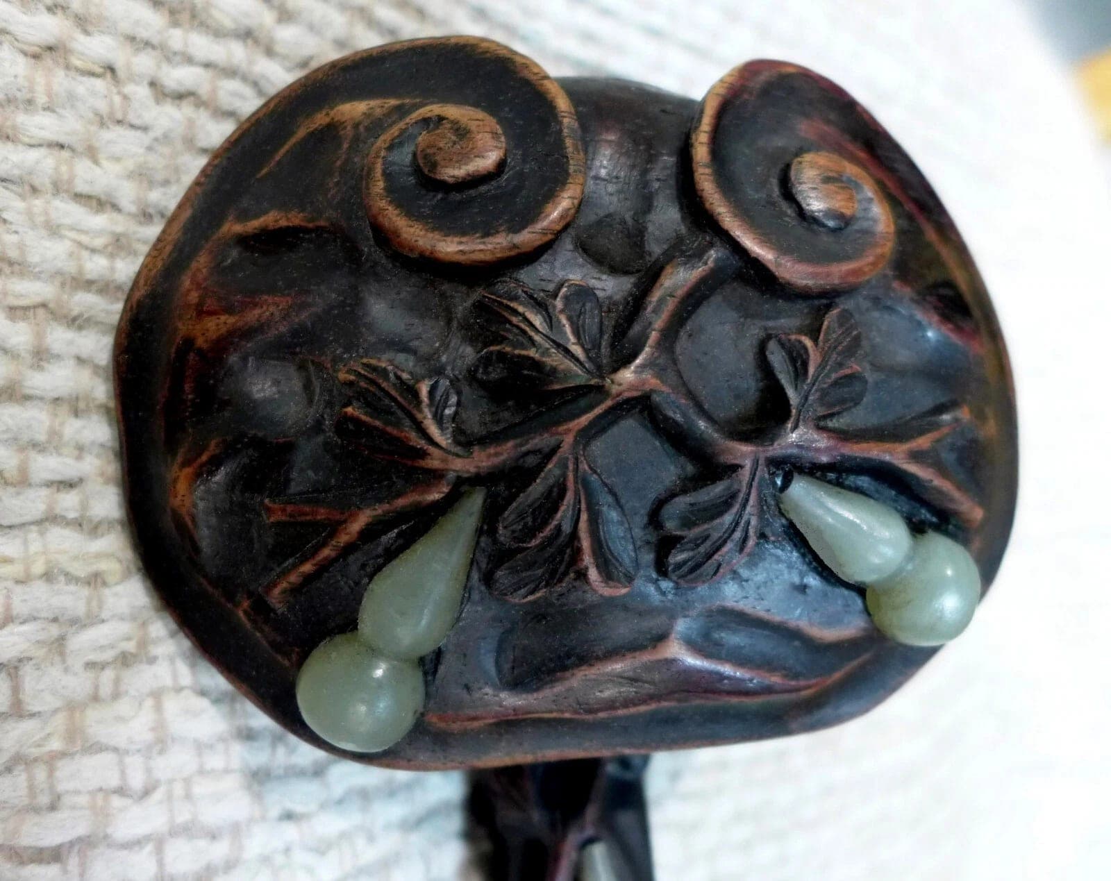 Antique Zitan Wood Ruyi Scepter with Celadon Jade Gourds photo 5