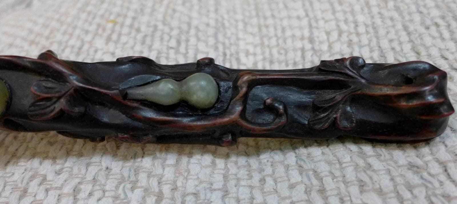 Antique Zitan Wood Ruyi Scepter with Celadon Jade Gourds photo 7