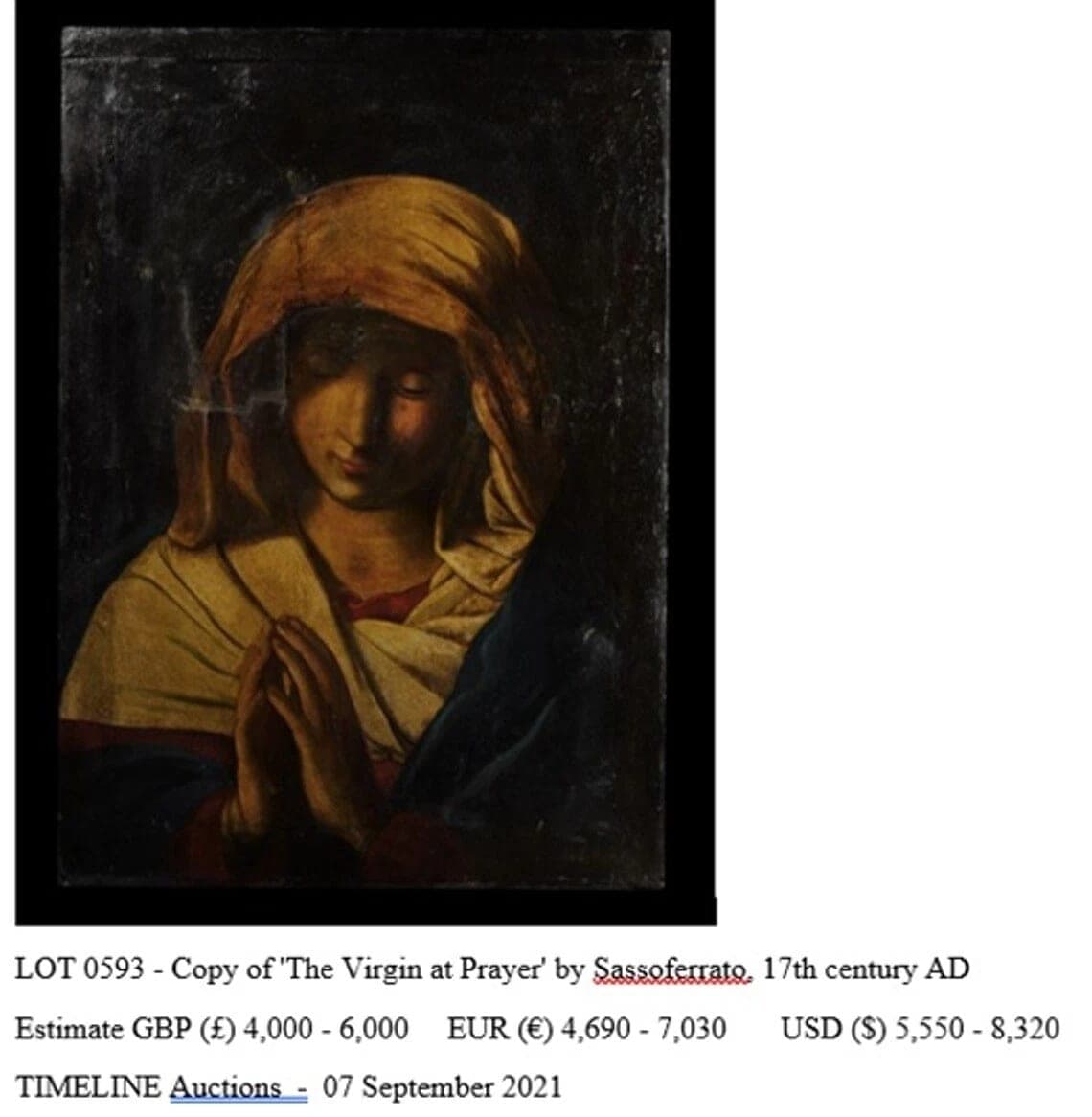 Copy of the 'Virgin at Prayer" by Sassoferrato, by Janos Rombauer, Early 19 C. photo 5