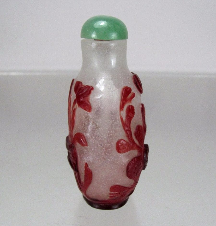 19th C. Ruby Red Over Snowflake Glass Snuff Bottle - Aquatic Sea Life photo 3