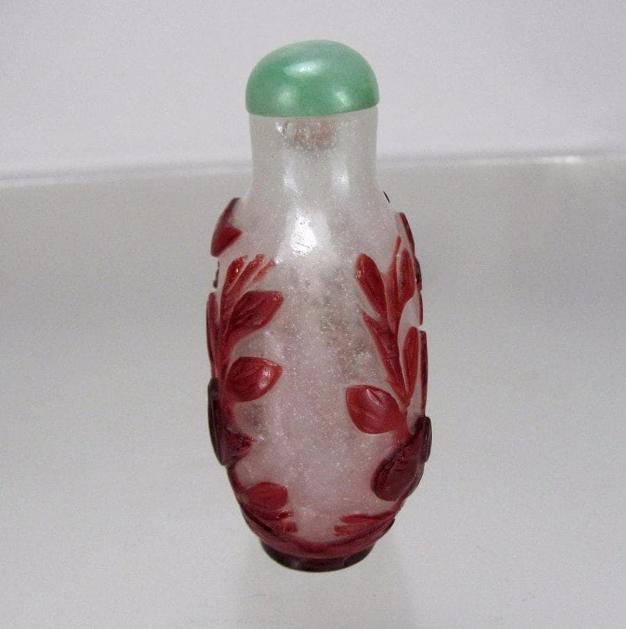 19th C. Ruby Red Over Snowflake Glass Snuff Bottle - Aquatic Sea Life photo 4