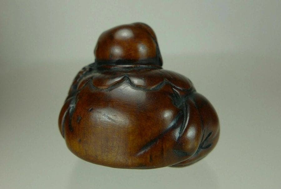 KISEKI, 19th C. Japanese Boxwood Netsuke of a Karako with Hotei's Bag photo 5