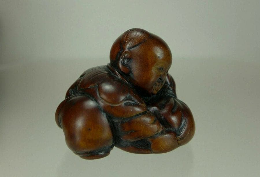 KISEKI, 19th C. Japanese Boxwood Netsuke of a Karako with Hotei's Bag photo 6
