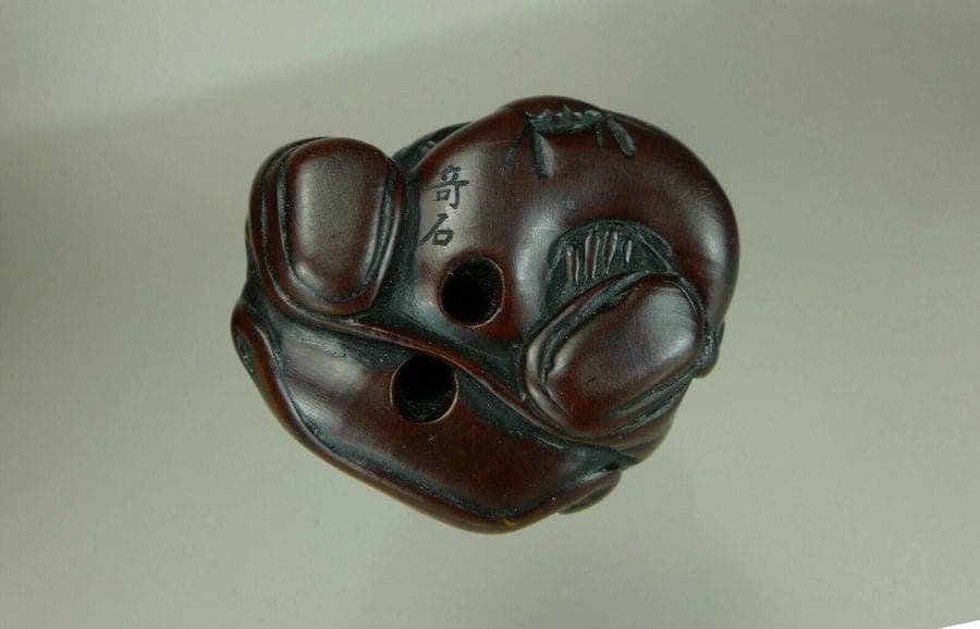 KISEKI, 19th C. Japanese Boxwood Netsuke of a Karako with Hotei's Bag photo 7