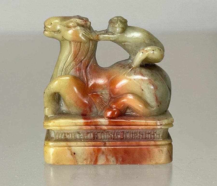 Chinese Carved Celadon and Russet Jade Seal - Monkey on Horse