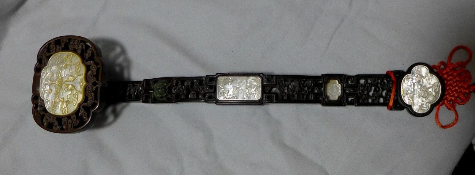 Antique Unique Zitan Wood Ruyi Scepter with Mother-of-Pearl and Jade Plaques photo 2