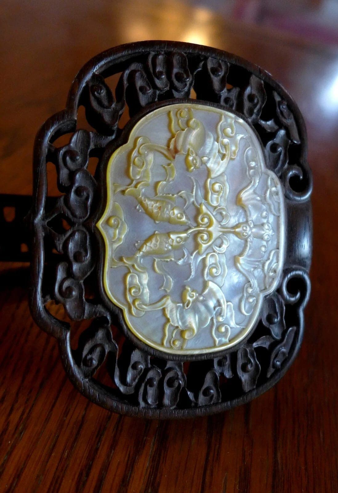 Antique Unique Zitan Wood Ruyi Scepter with Mother-of-Pearl and Jade Plaques photo 4