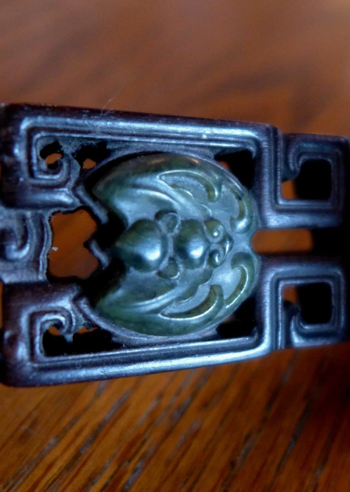 Antique Unique Zitan Wood Ruyi Scepter with Mother-of-Pearl and Jade Plaques photo 5
