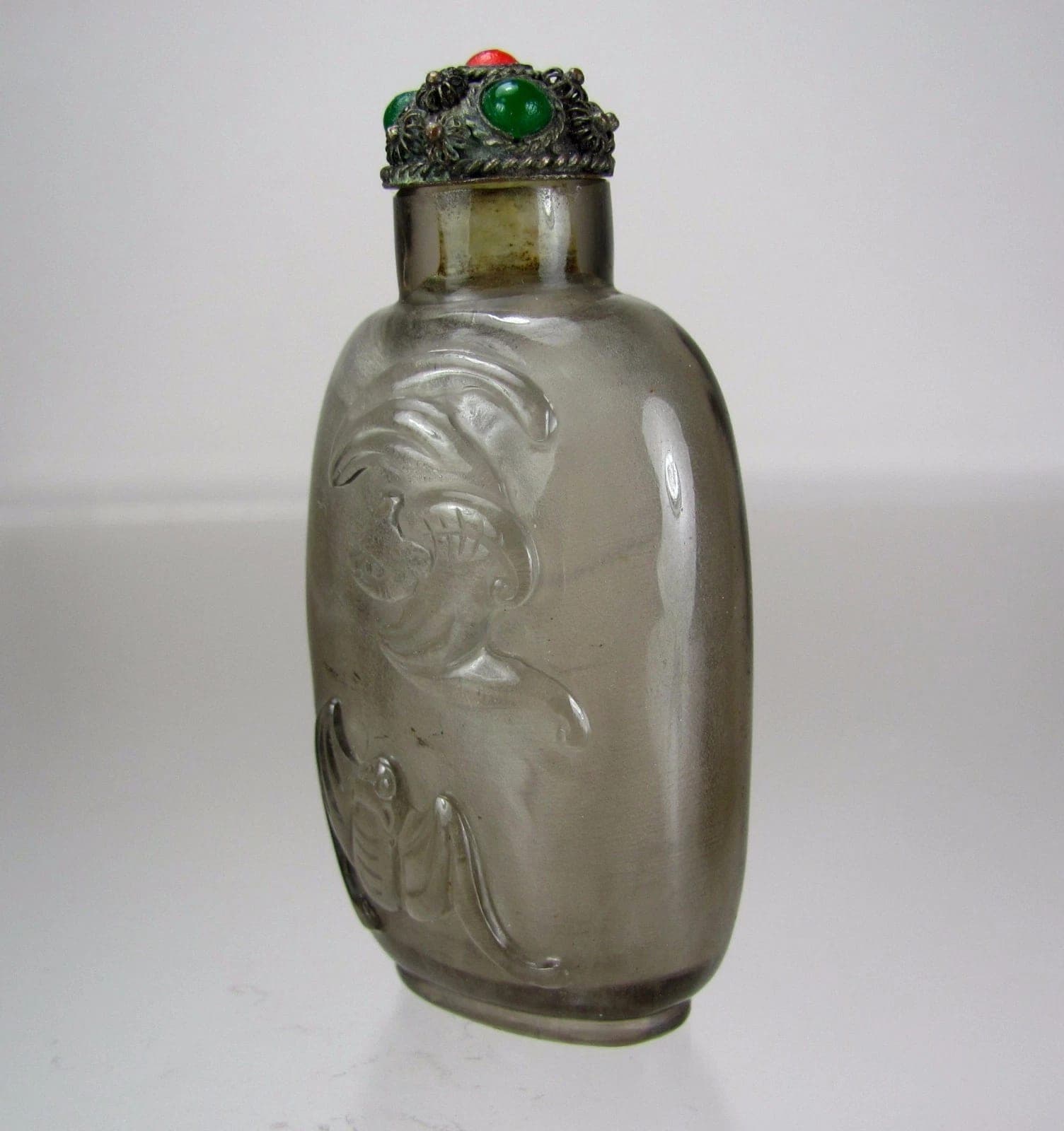 Antique Carved Rock Hair Crystal Snuff Bottle - Flying Bats photo 3