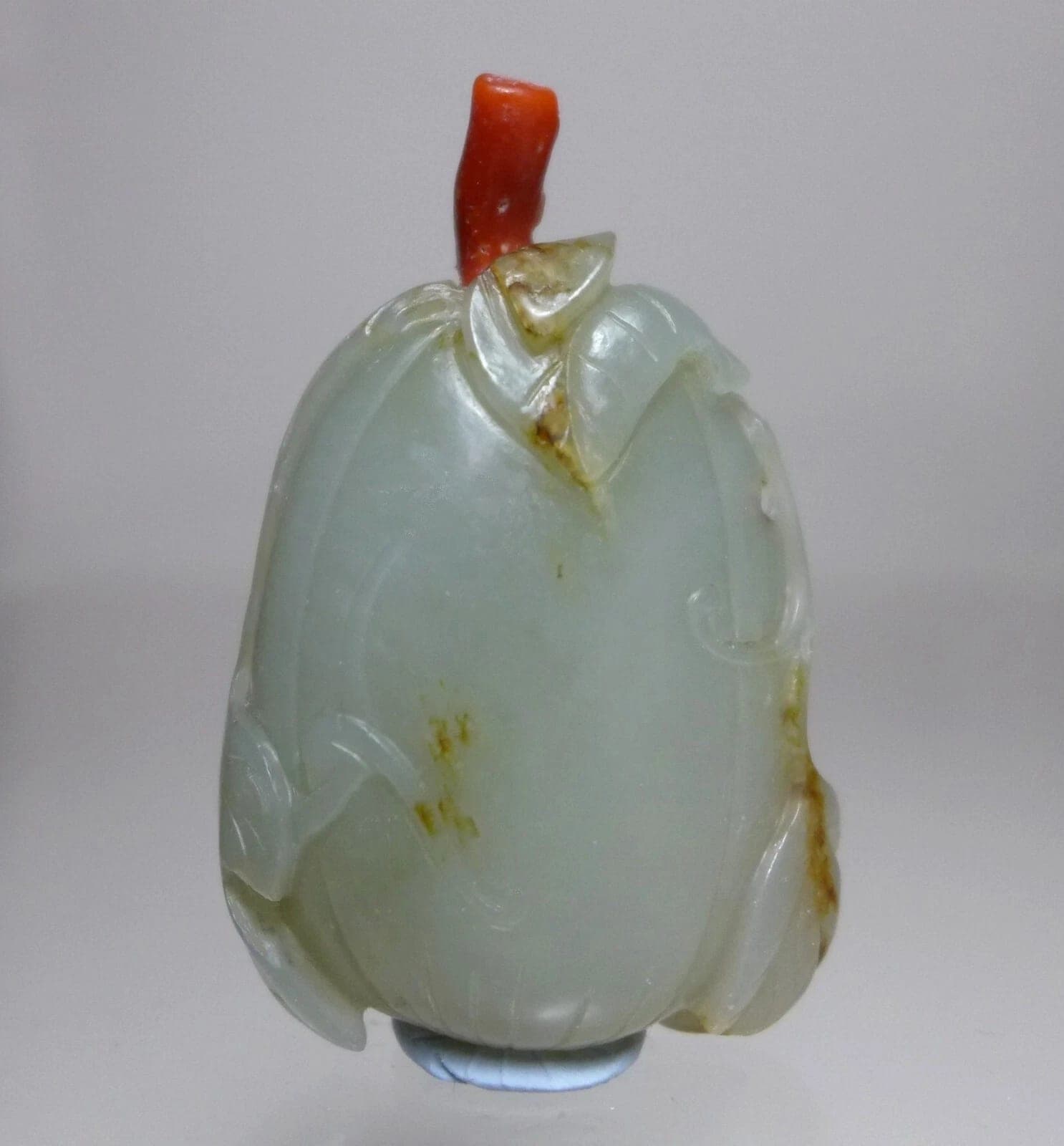 19th Century Carved Celadon Jade SNUFF BOTTLE, Gourd w/Insects & Leaves photo 2