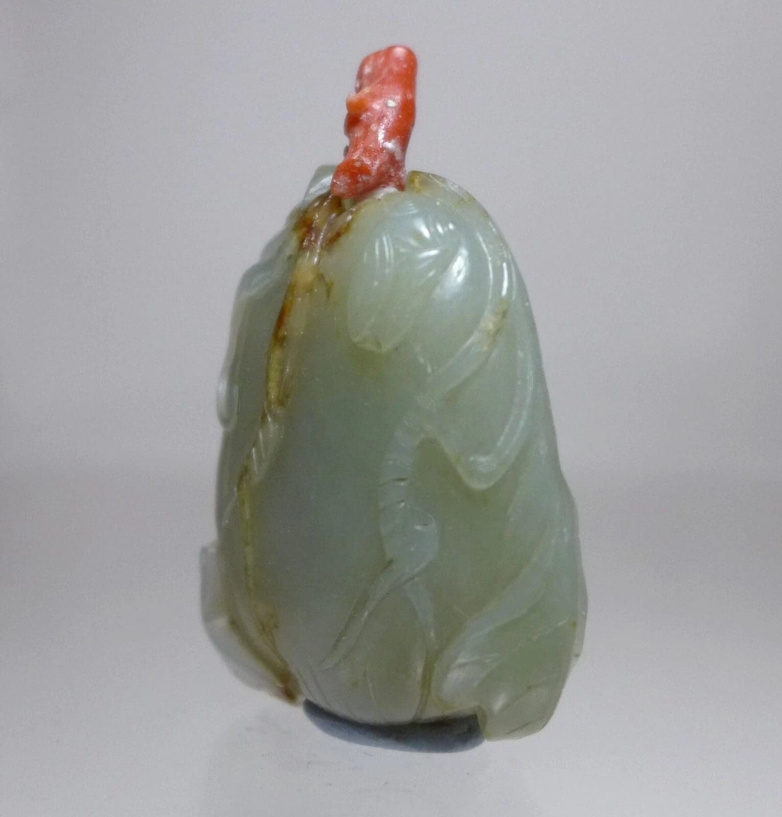 19th Century Carved Celadon Jade SNUFF BOTTLE, Gourd w/Insects & Leaves photo 3