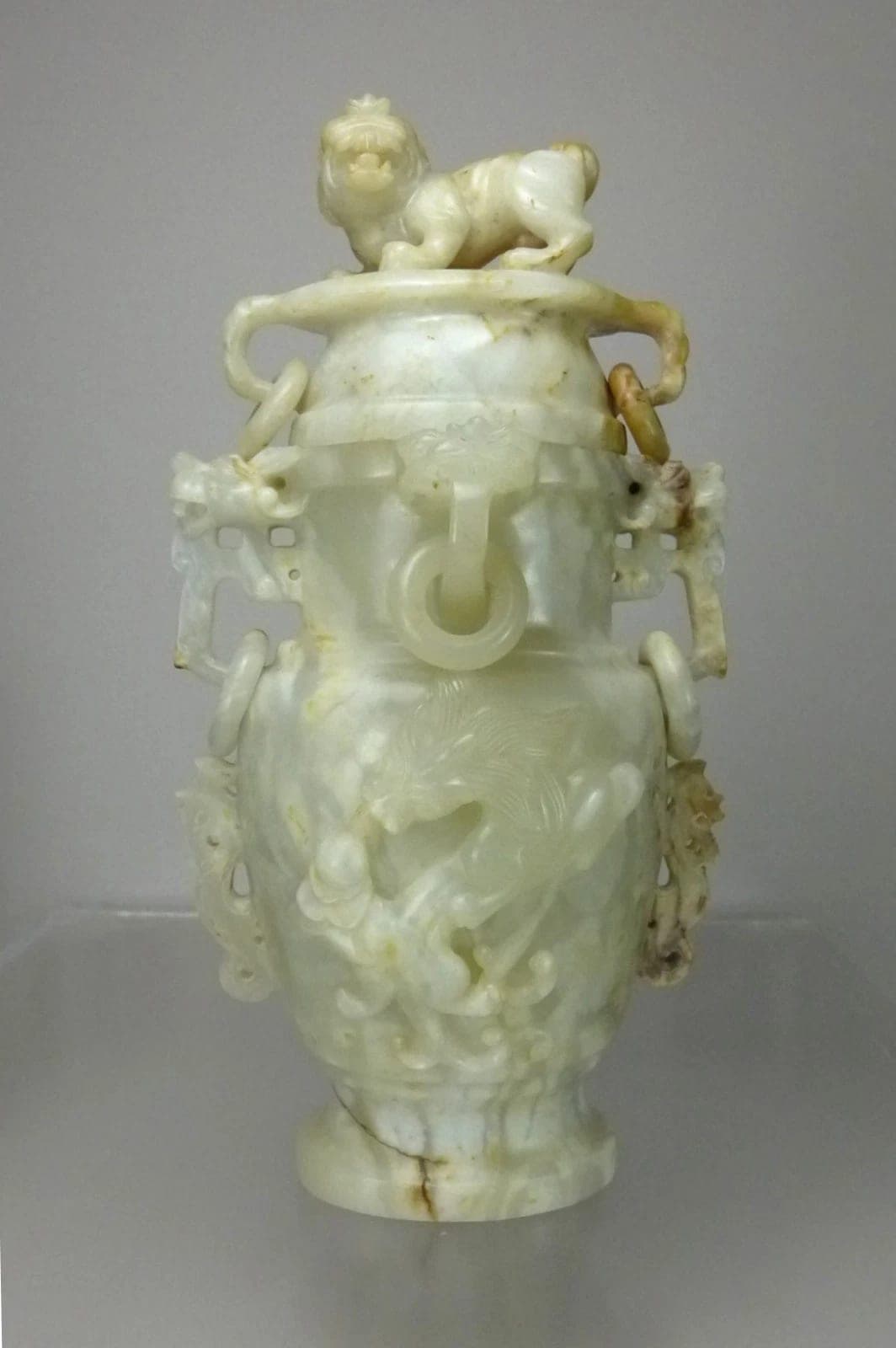 Chinese, Early 20th C, Carved Celadon Nephrite Jade Urn with Xiezhi Finial Lid