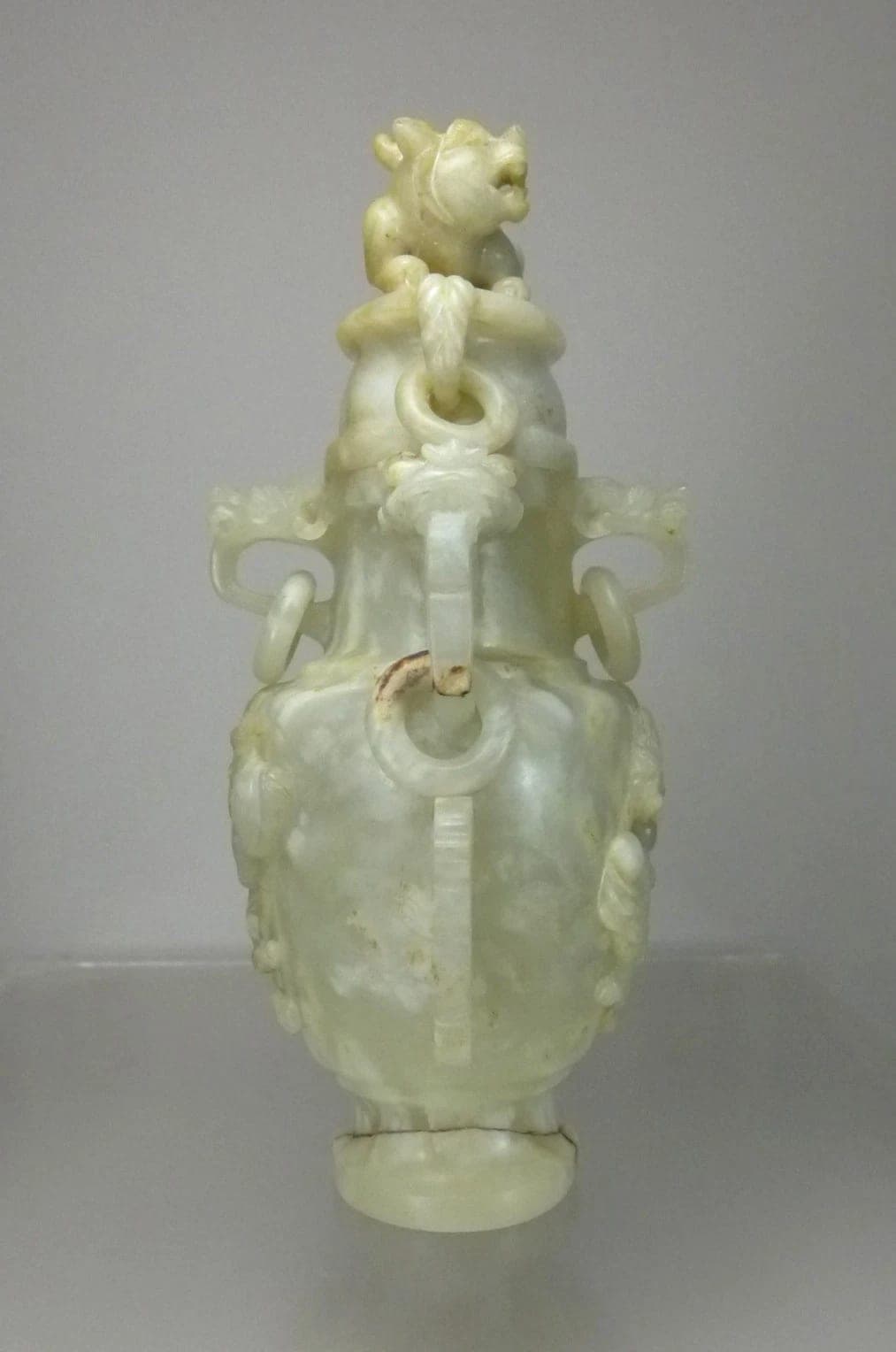 Chinese, Early 20th C, Carved Celadon Nephrite Jade Urn with Xiezhi Finial Lid photo 2