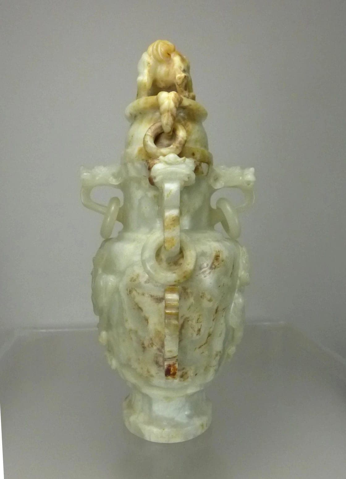 Chinese, Early 20th C, Carved Celadon Nephrite Jade Urn with Xiezhi Finial Lid photo 4