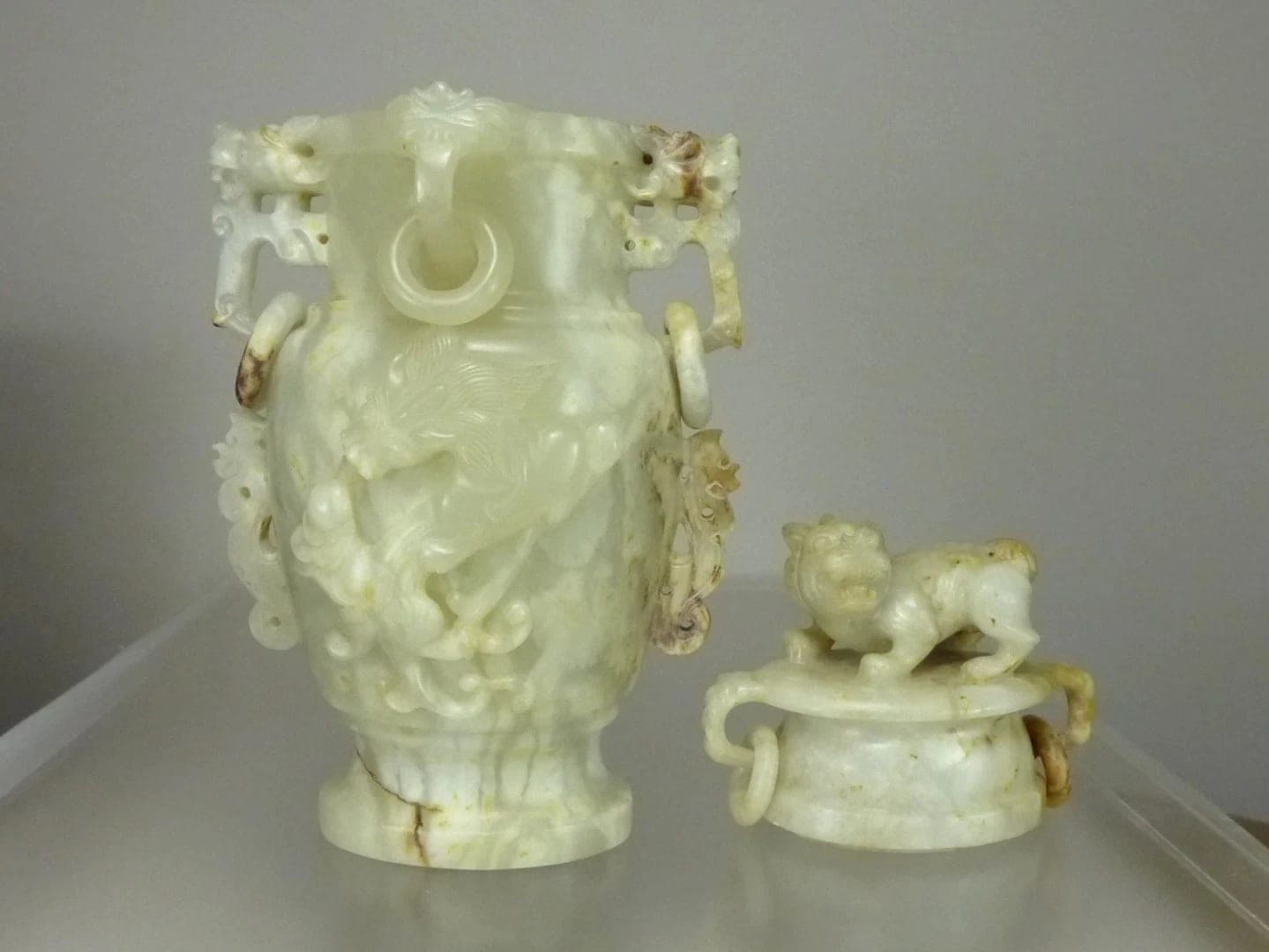 Chinese, Early 20th C, Carved Celadon Nephrite Jade Urn with Xiezhi Finial Lid photo 5