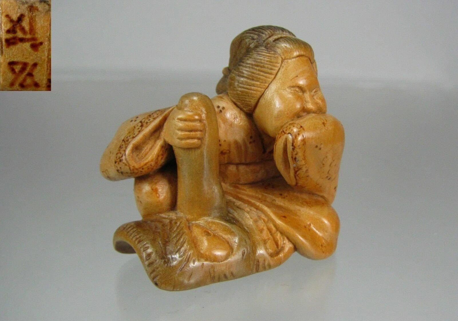 ALEXANDER DERKACHENKO, Contemporary Boxwood Netsuke, "Okame with Tengu Mask"