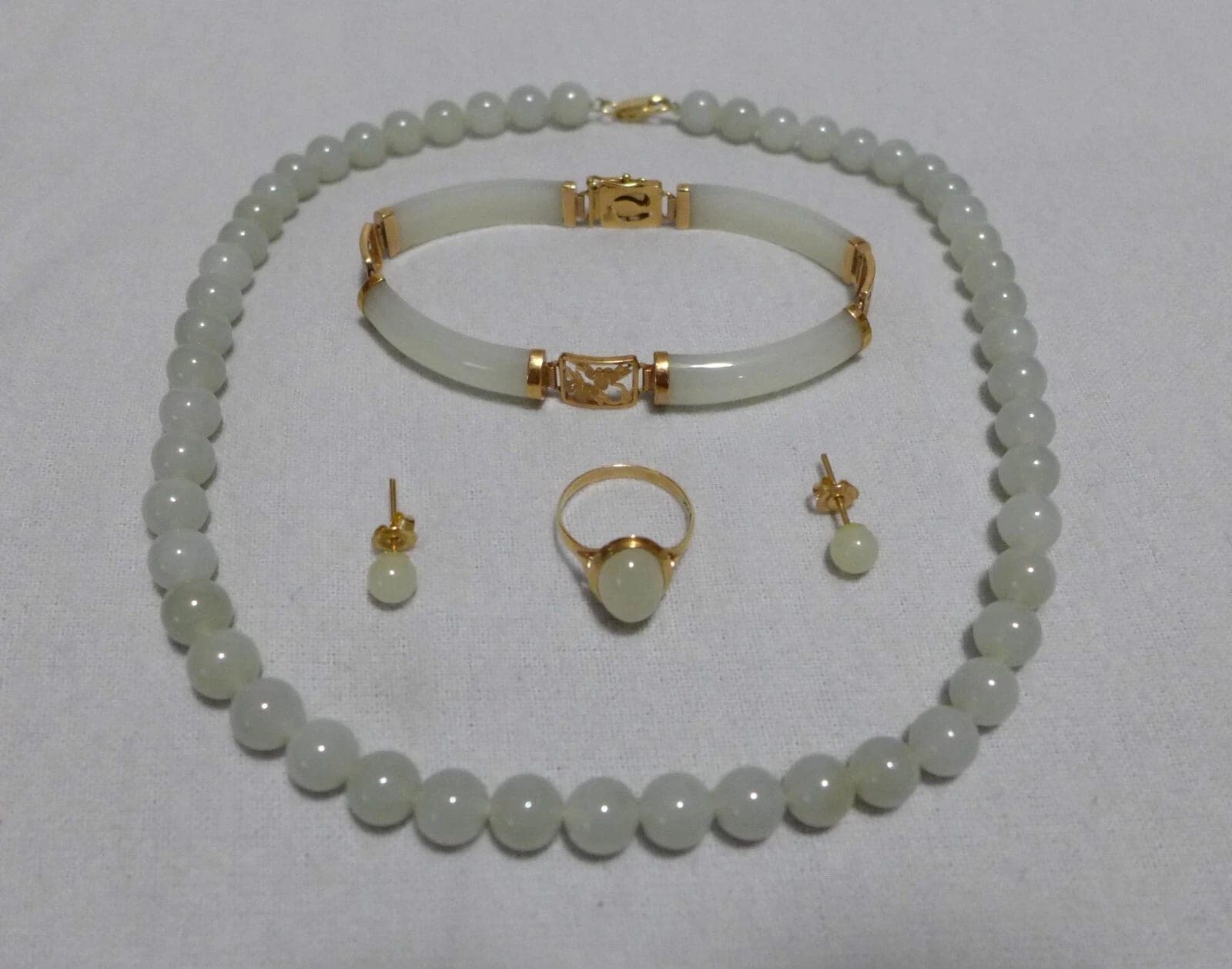 JADE Necklace, Bracelet, Ring, Earrings JEWELRY SET 14K Yellow Gold