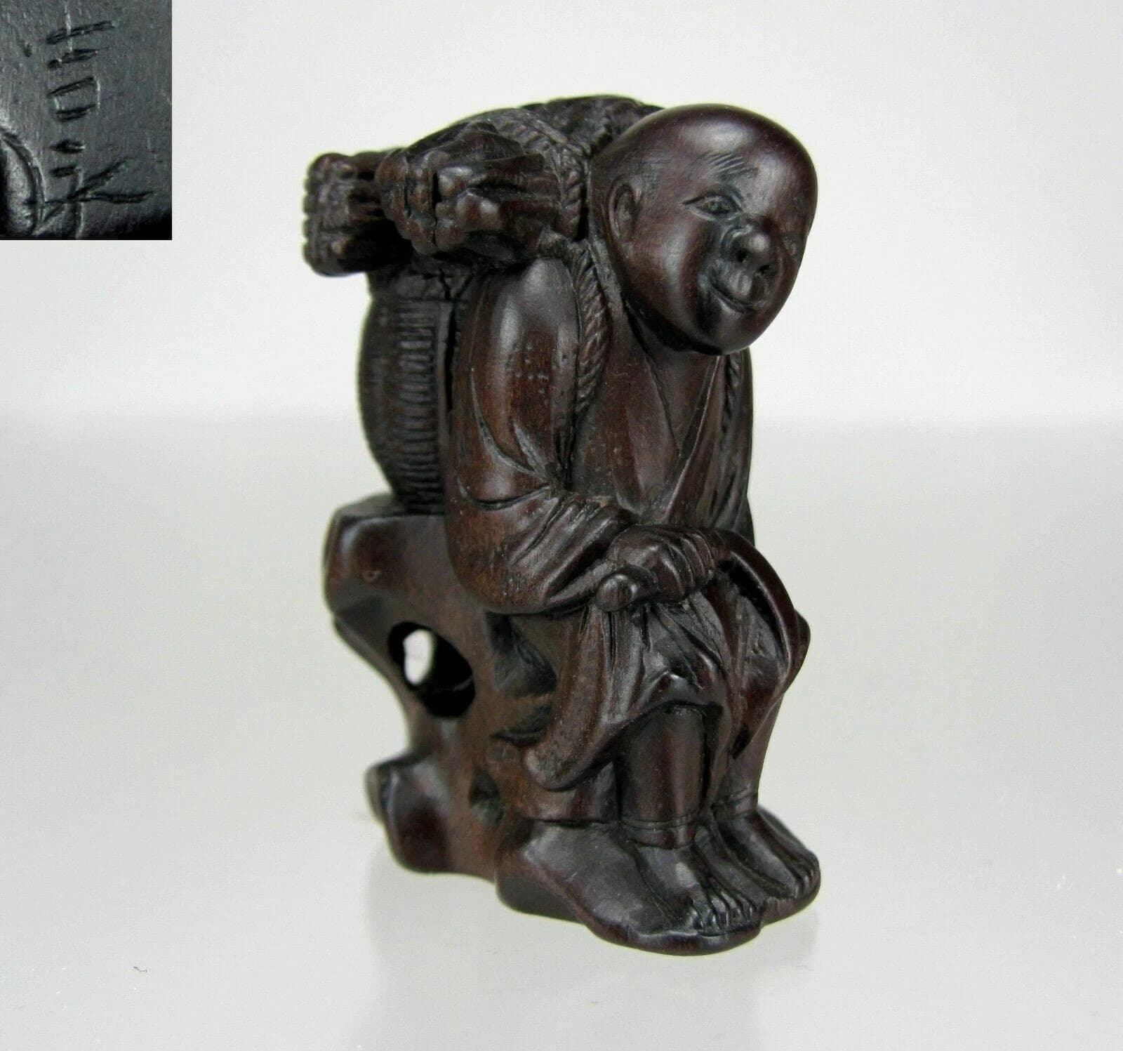 YOSHINAGA, Miura, 19th C, Japanese Wood Netsuke, Wood Gatherer
