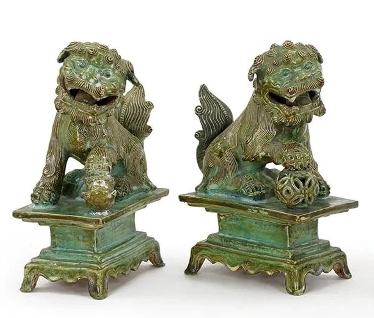 Song Dynasty (960-1279) - Buddhist Bronze-Green-glazed Ceramic Foo Dogs