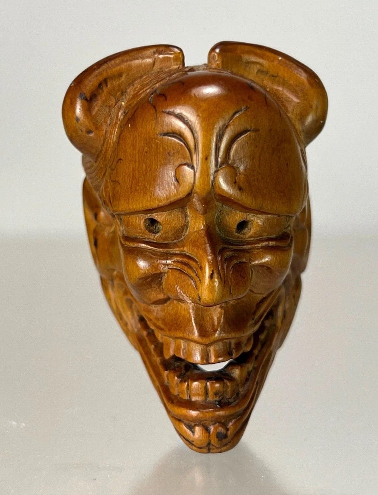 DEME UMAN, Early 19th C. Japanese Wood Mask Netsuke, DEAMON photo 3