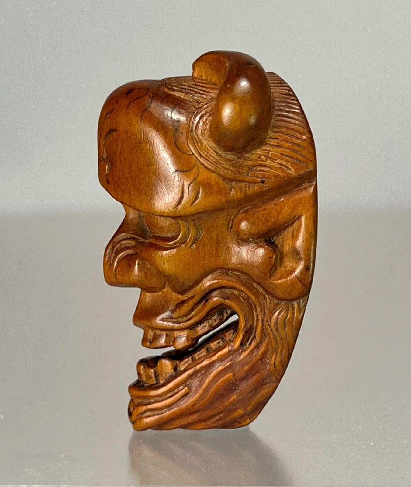 DEME UMAN, Early 19th C. Japanese Wood Mask Netsuke, DEAMON photo 4