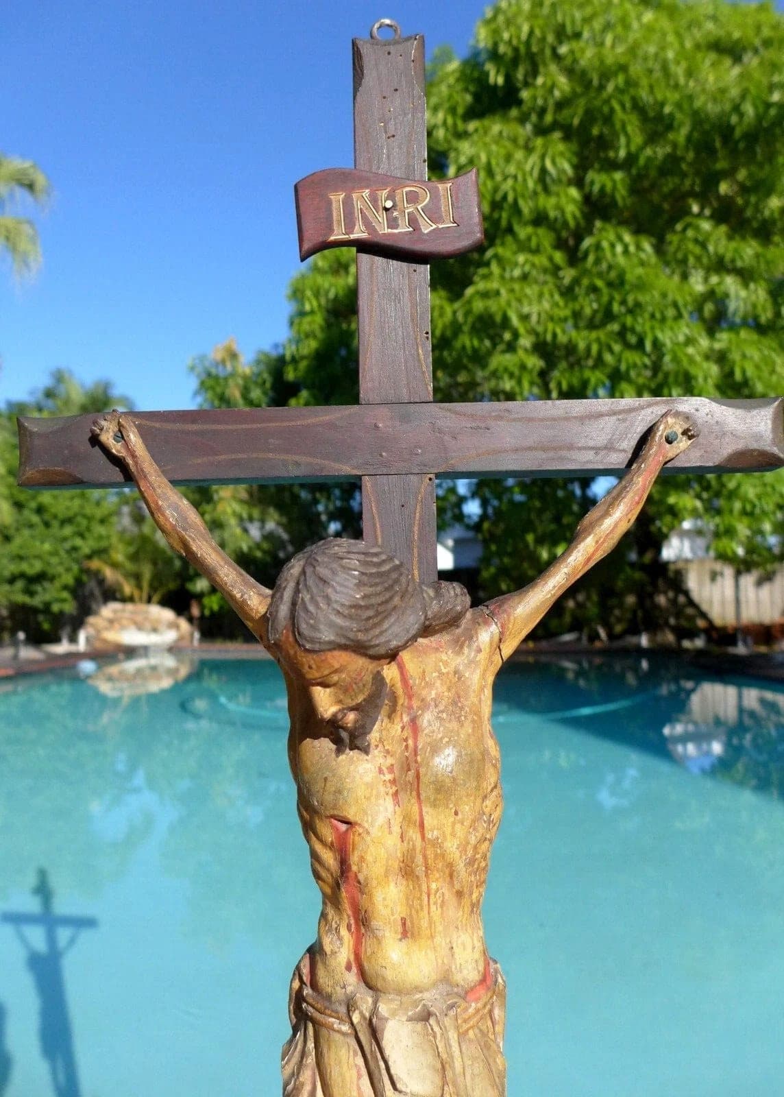 Large Antique Wood Polychrome Sculpture of Christ - Crucifix, Early 18th C. photo 2
