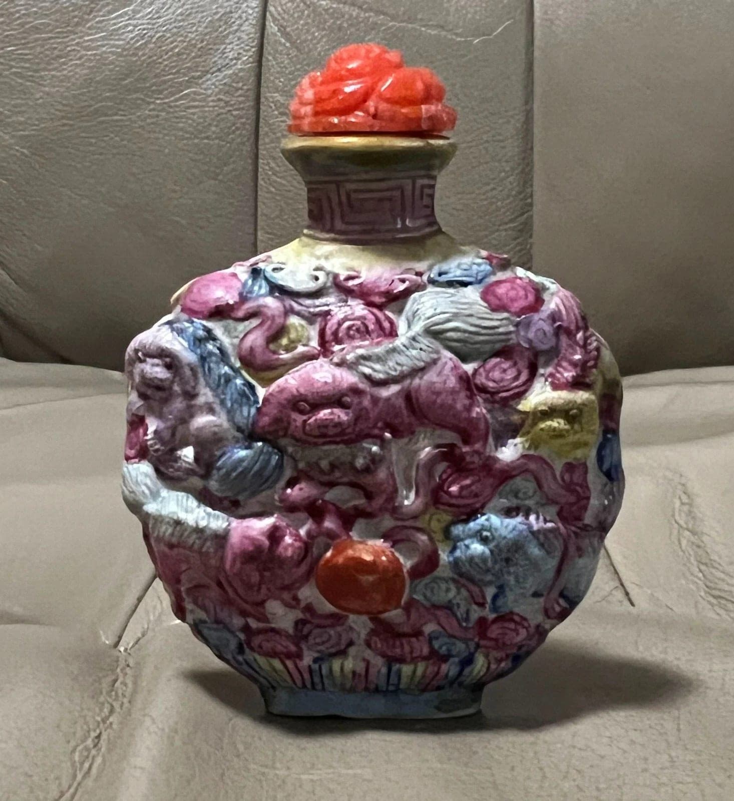 FAMILLE ROSE, Molded Enameled Porcelain Snuff Bottle, Qianlong Mark, B34