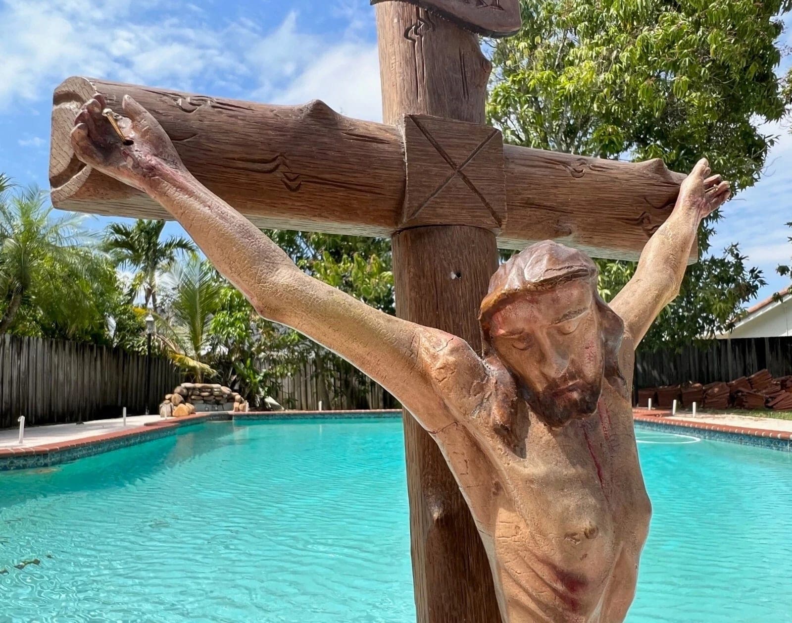 Large Antique Wood Polychrome Sculpture of Christ - Crucifix, 19th C. photo 6