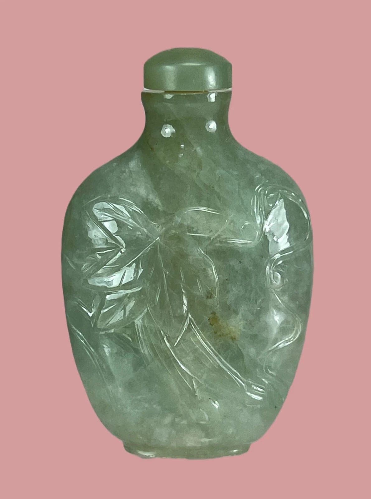 19th Century Carved Celadon Jade SNUFF BOTTLE, Flowers photo 2