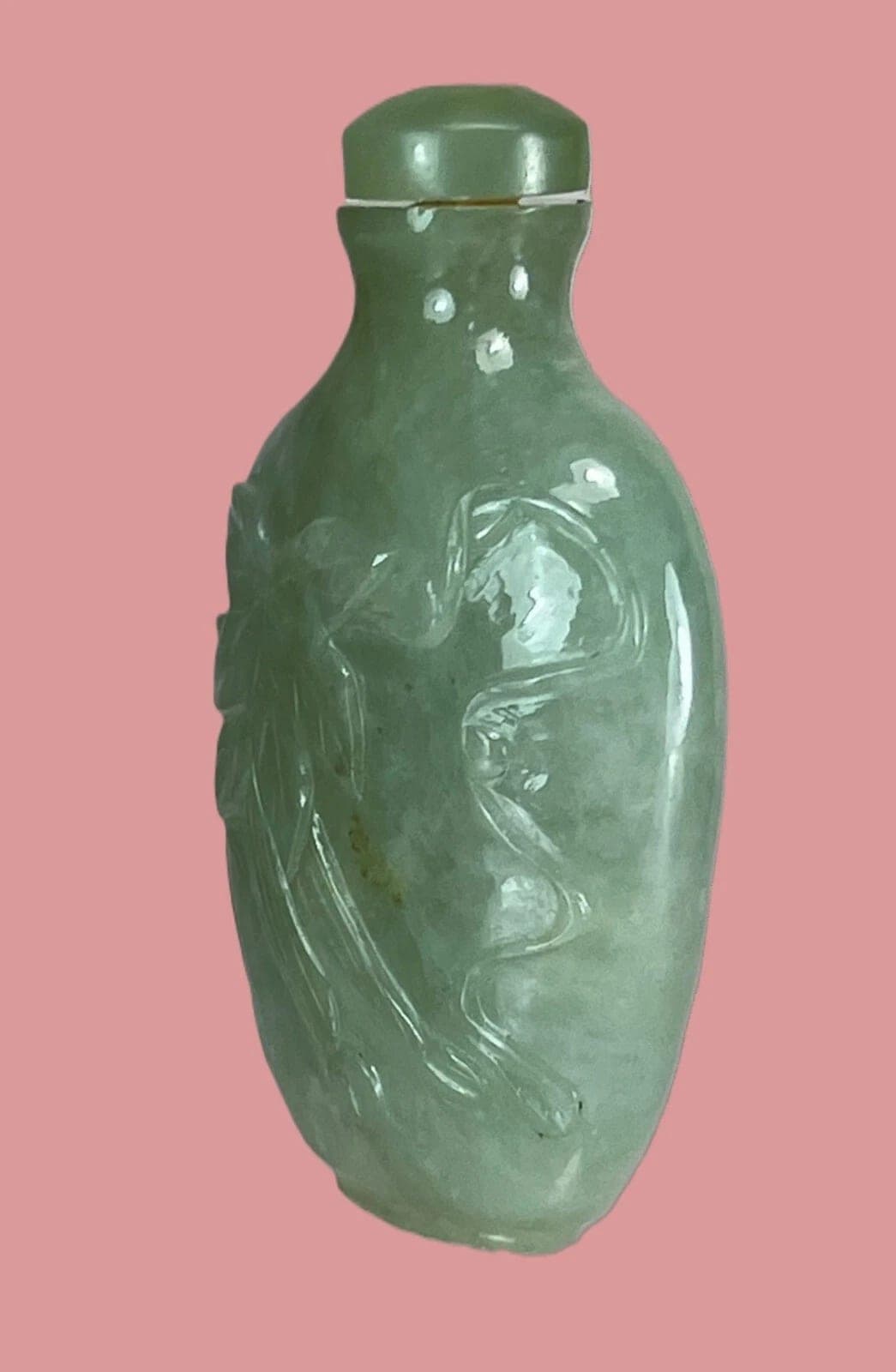 19th Century Carved Celadon Jade SNUFF BOTTLE, Flowers photo 4