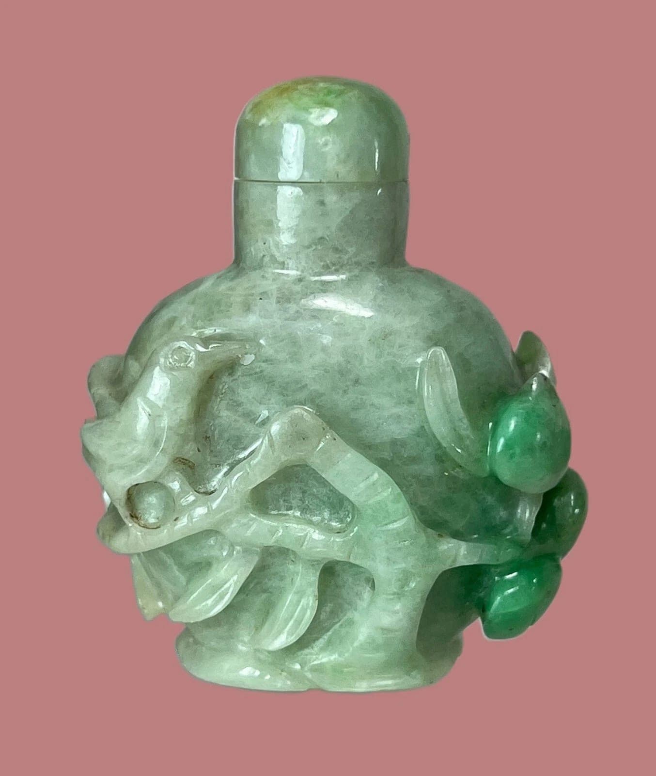 19th Century Carved Celadon/Green Jade SNUFF BOTTLE, Peach Branch