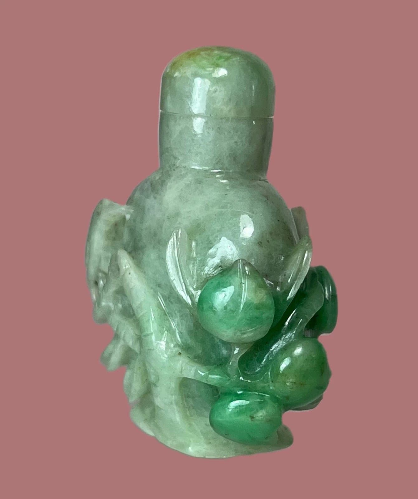 19th Century Carved Celadon/Green Jade SNUFF BOTTLE, Peach Branch photo 3