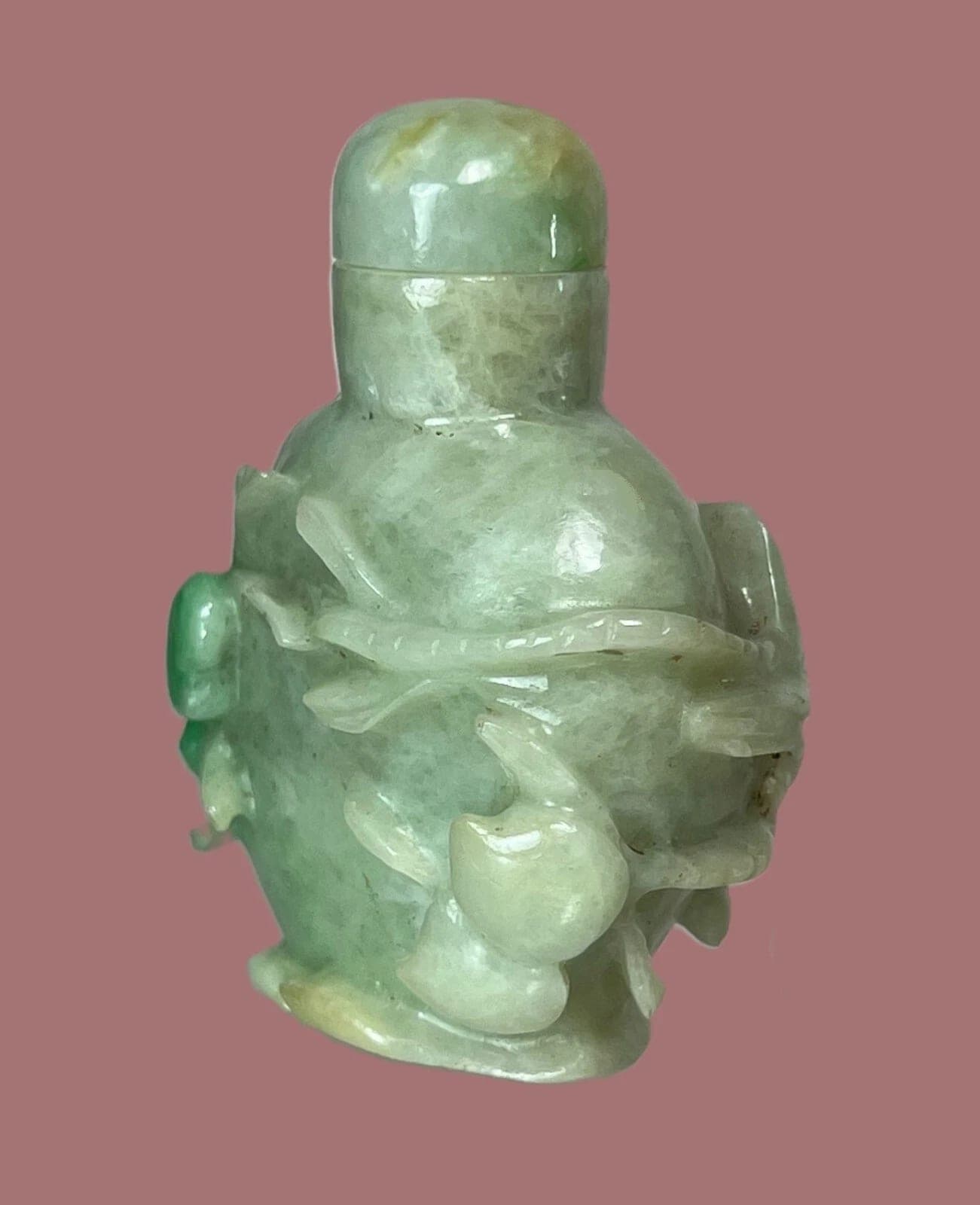 19th Century Carved Celadon/Green Jade SNUFF BOTTLE, Peach Branch photo 4
