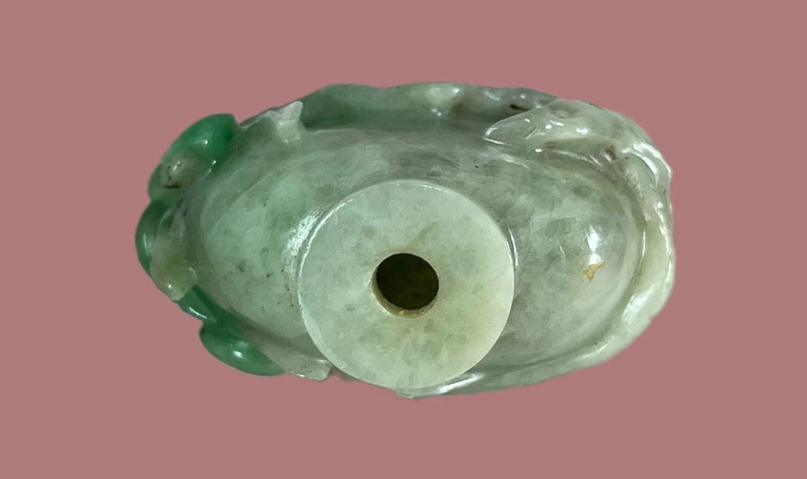 19th Century Carved Celadon/Green Jade SNUFF BOTTLE, Peach Branch photo 7